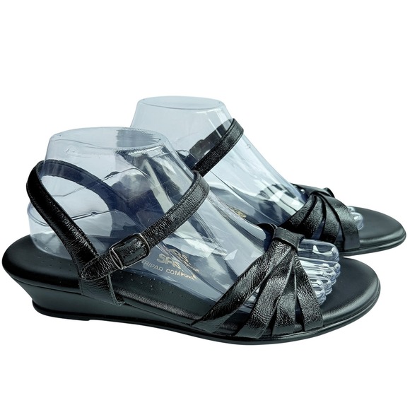 SAS Strippy Quarter Strap Wedge Sandal Black‎ Patent Size 9.5 Slim (AAA) - Picture 1 of 16